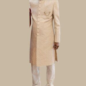 Beige Ivory cream Jacquard Wedding Sherwani Groom Traditional Indian Menswear